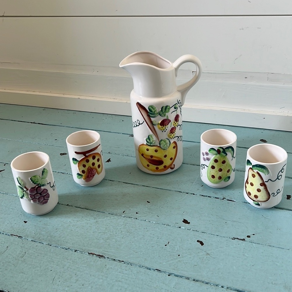 Mid-Century Ceramic Fruit Pitcher and 4 cups